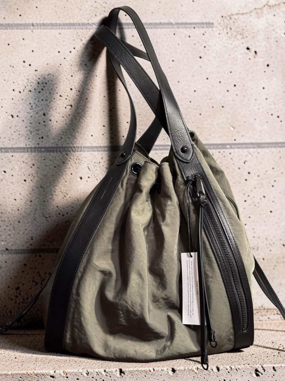 Rebecca Minkoff Olive Green Drawstring Shoulder Bag with Black Leather Trim